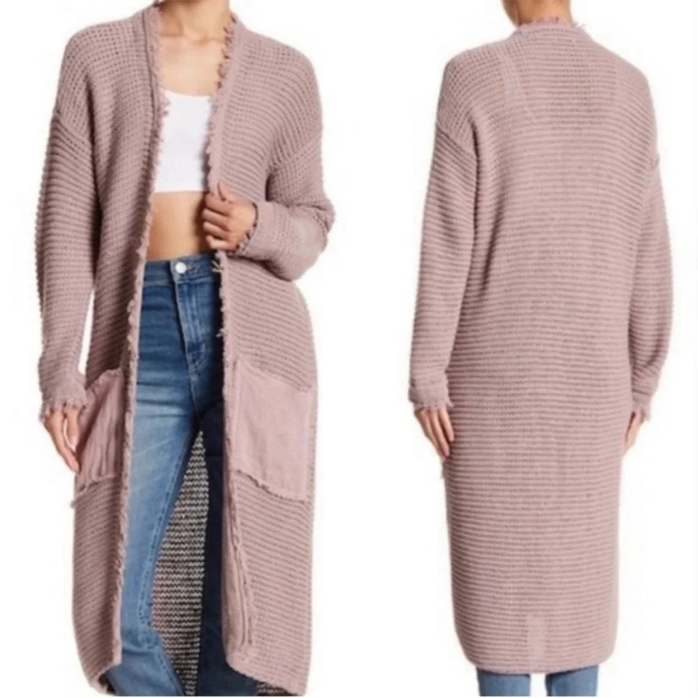 FREE PEOPLE Woodstock Boho Longlined Fringe Knit Pockets Cardigan